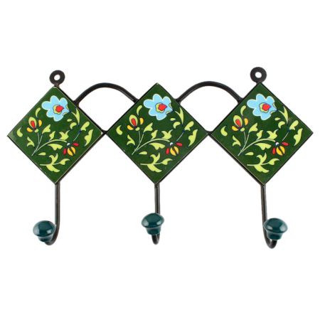 Forest Green Leaf Ceramic Floral Tile Wall Hook